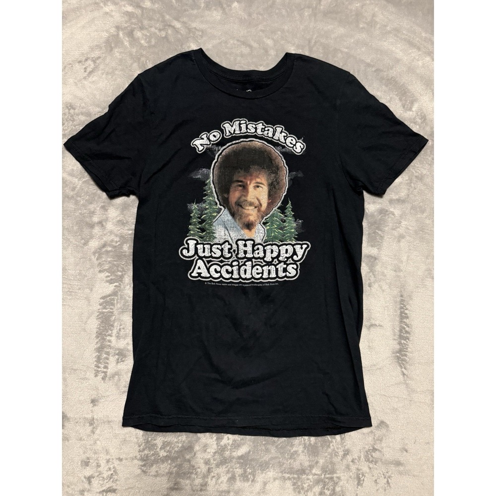 Bob Ross Graphic T-Shirt Mens Small Black No Mistakes Just Happy Accidents
